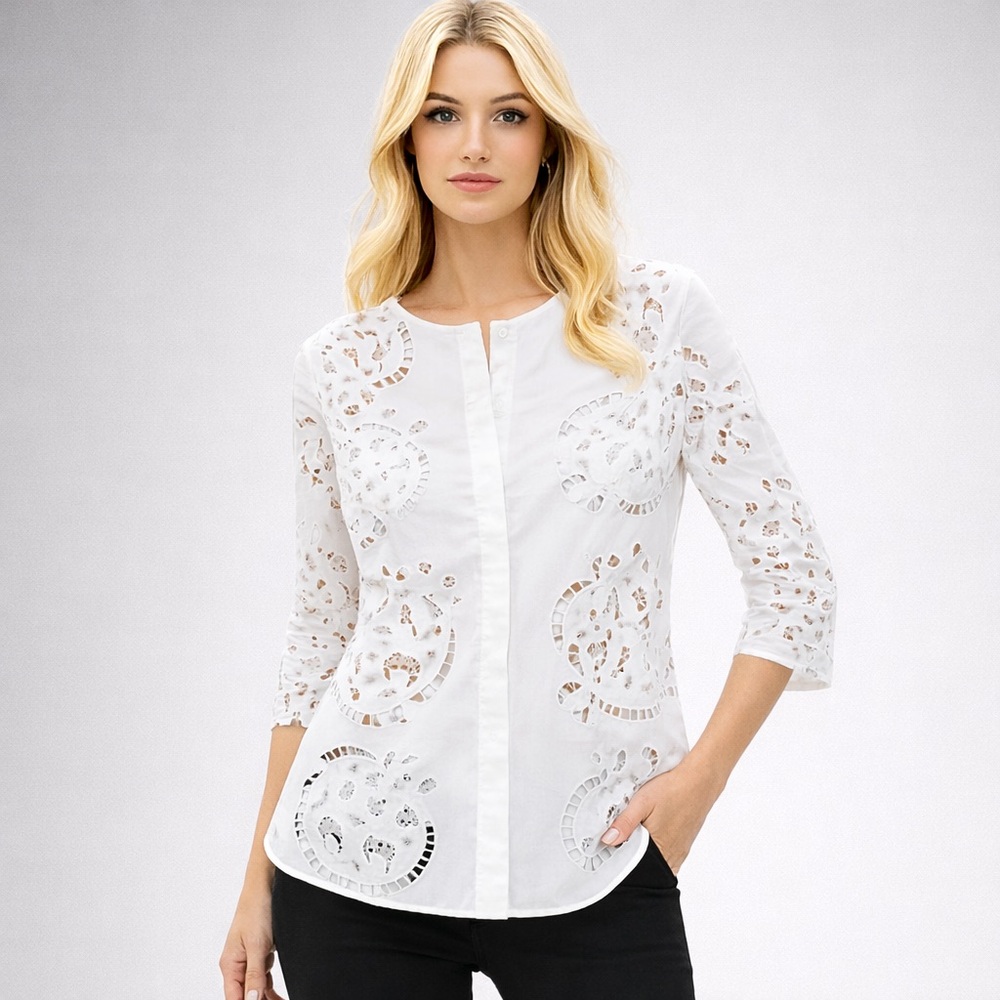 Theory White Eyelet Cutout Blouse | Designer Sheer Top | New